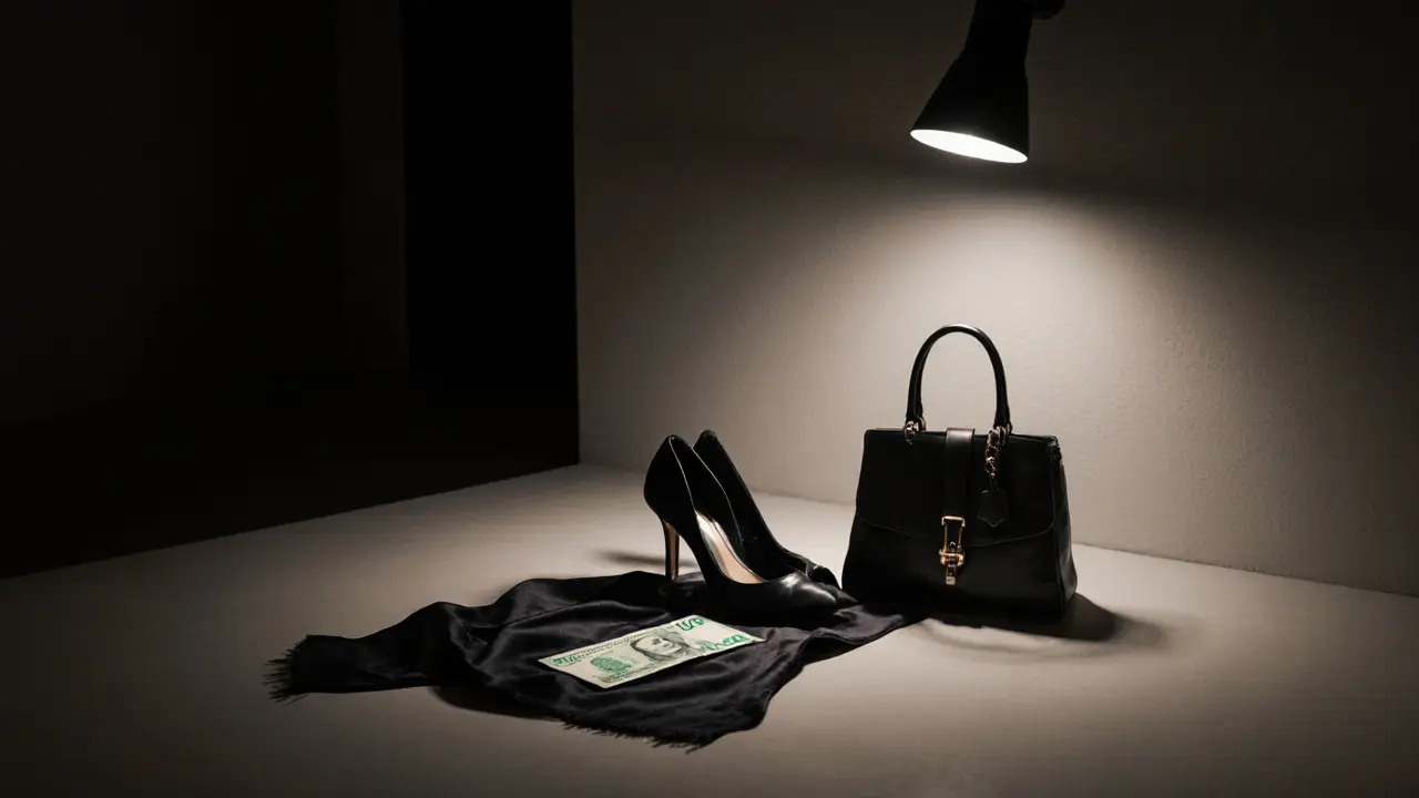 A 100-dirham note resting on a silk scarf with shoes and a handbag nearby, symbolizing dignity and unseen presence.