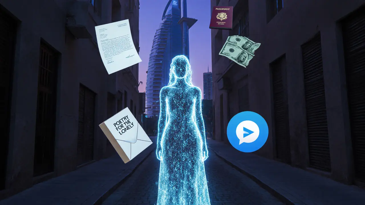 A ghostly woman made of light and data floats in a dark alley, surrounded by symbols of her hidden life and dreams.