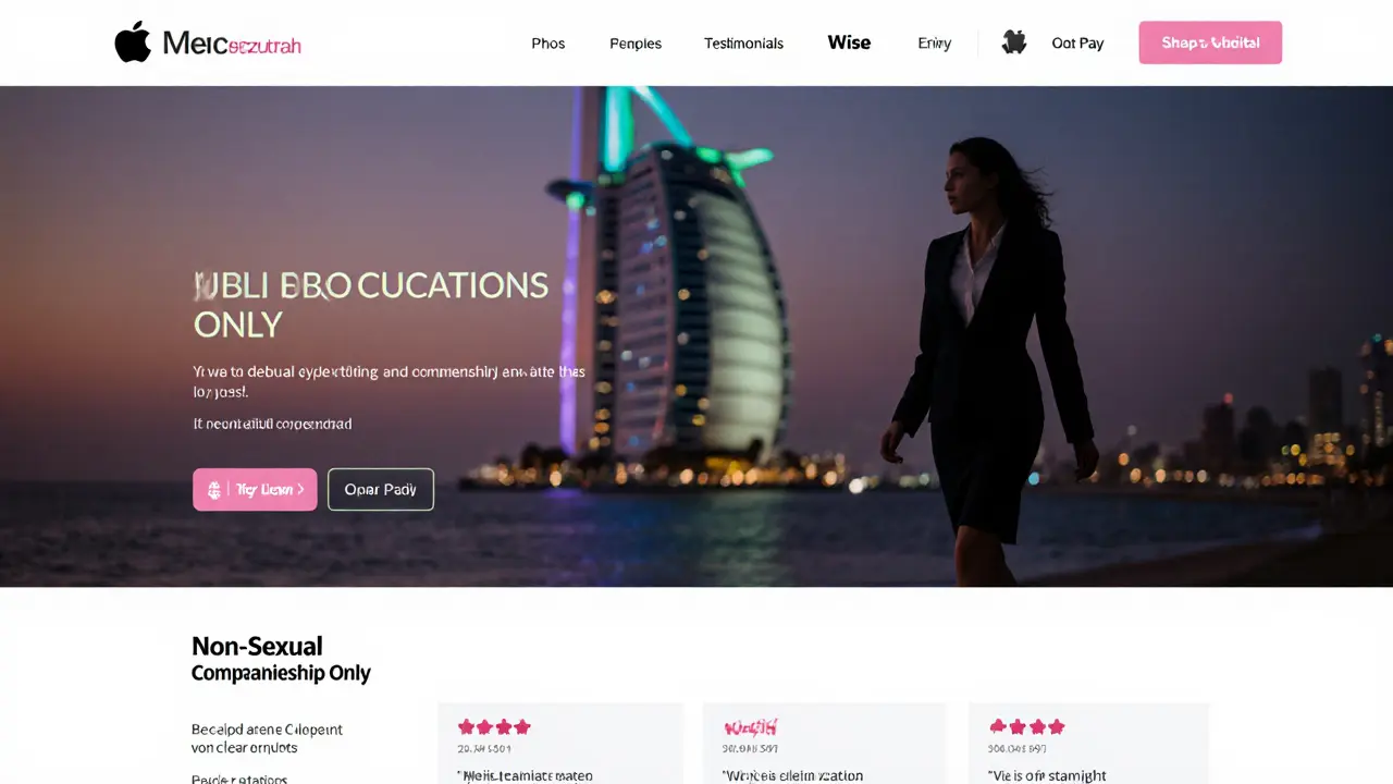 A secure online booking interface for a Dubai escort agency with encrypted payment options and a blurred city skyline.