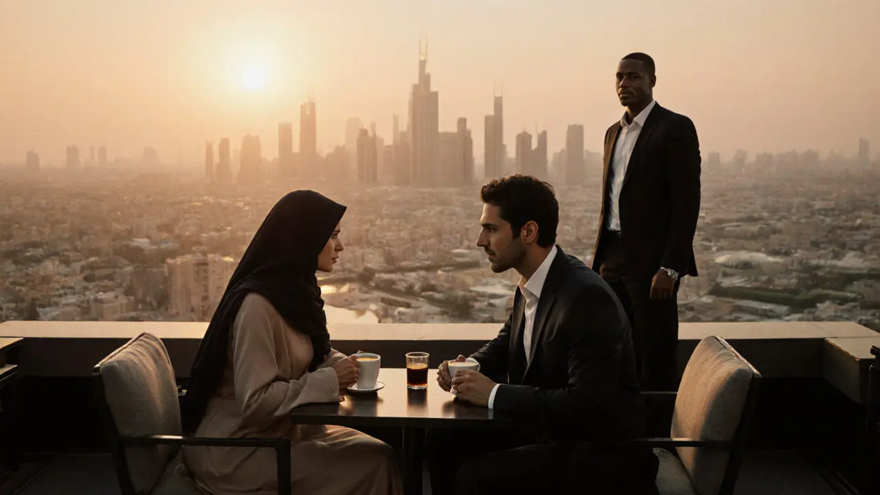 A sophisticated couple enjoying coffee on a Dubai rooftop lounge at sunset, exuding discretion and elegance.