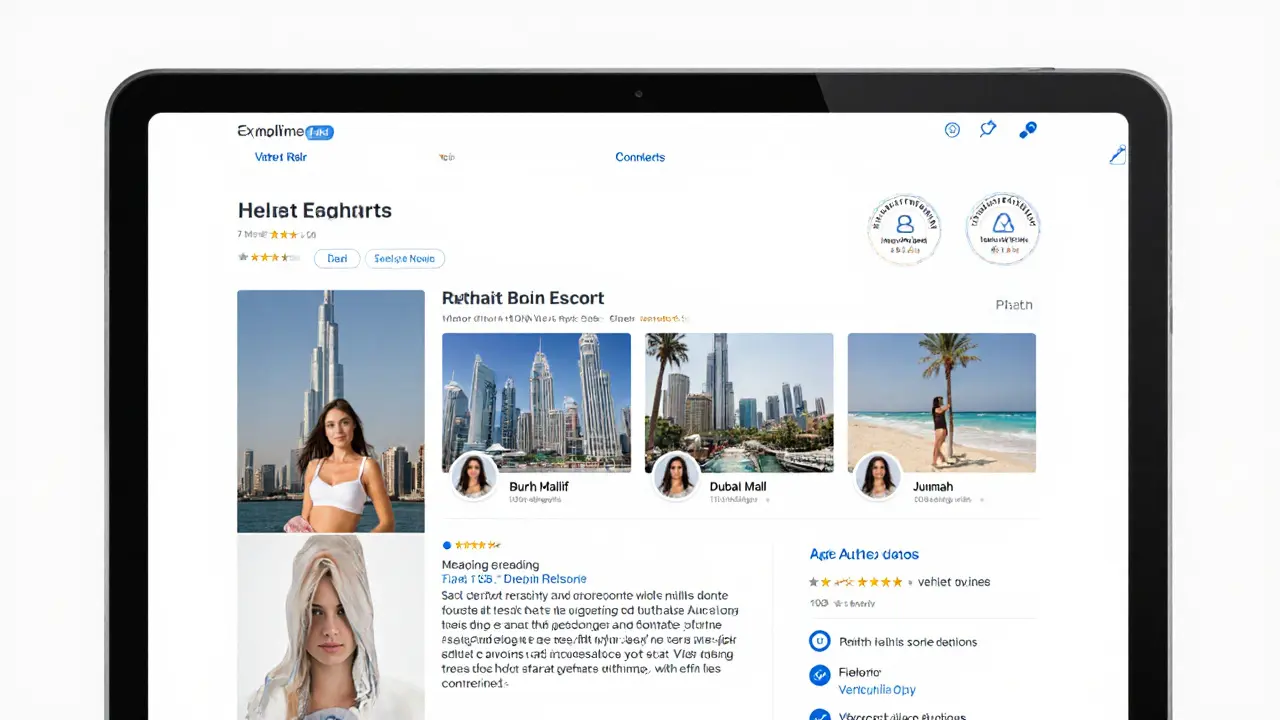A verified escort profile on an expat website showing authentic photos in public Dubai locations.