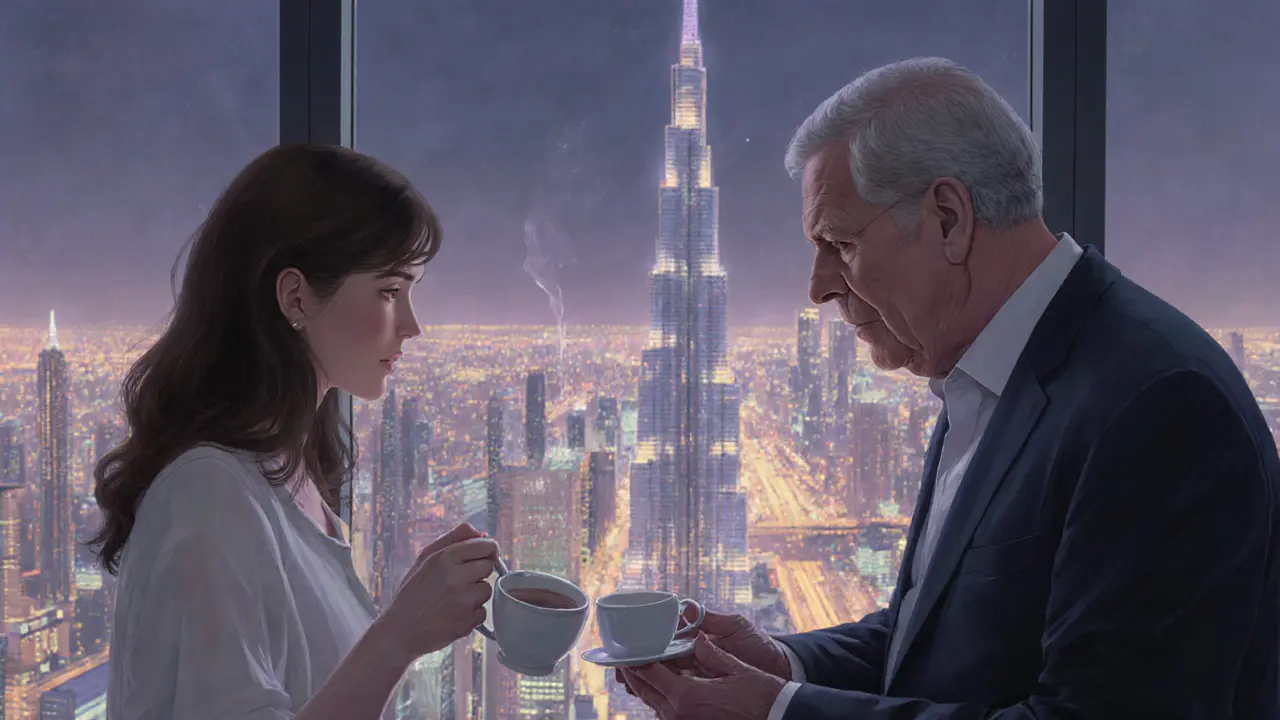 An older man holds the hand of a woman as they drink tea together, overlooking Dubai's glittering city lights at night.