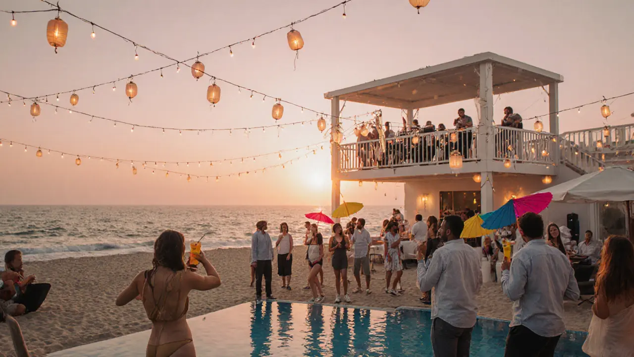 Beach party at White Dubai with sunset, pool, sand, and guests in light linen attire.