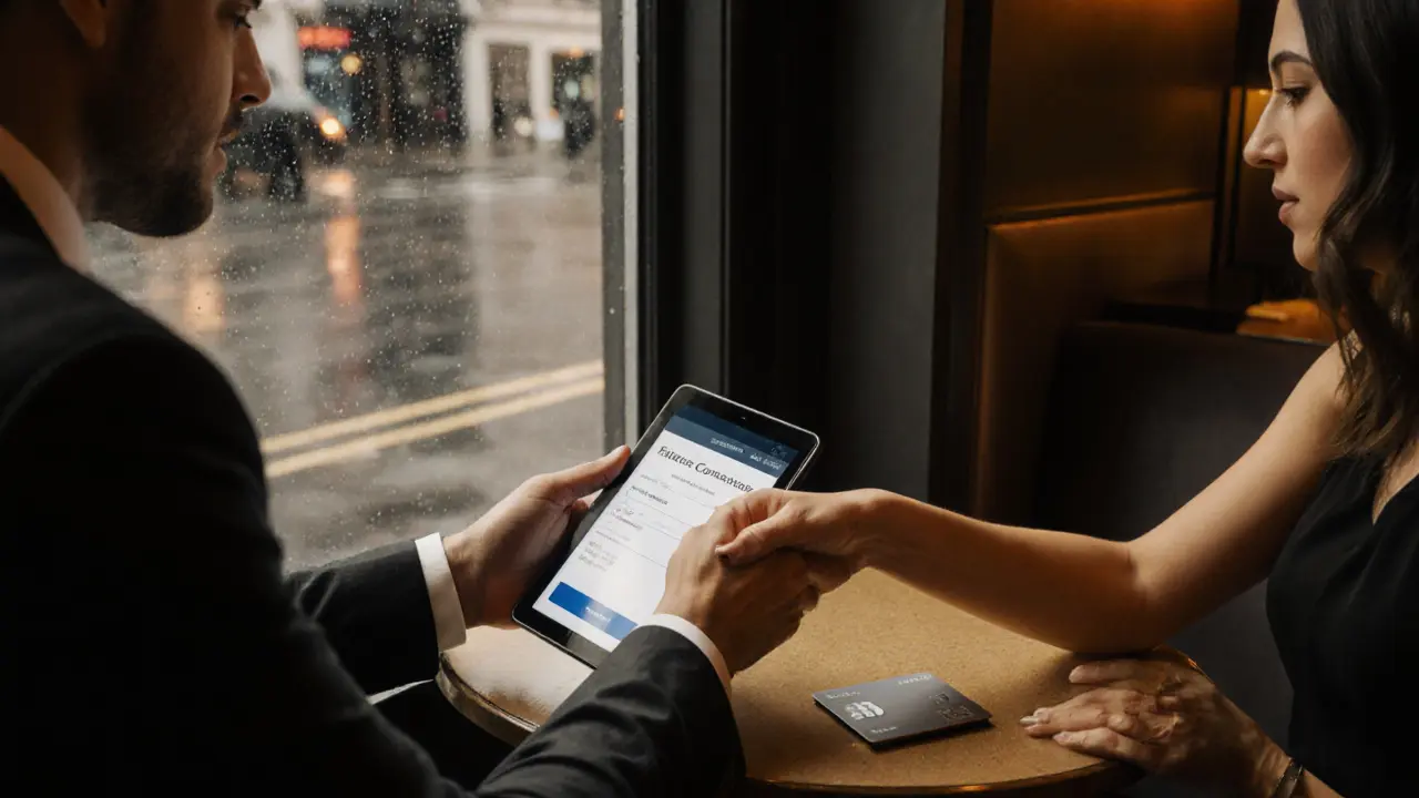 Client and escort meeting at a café table, reviewing a secure booking on a tablet with a prepaid card nearby.