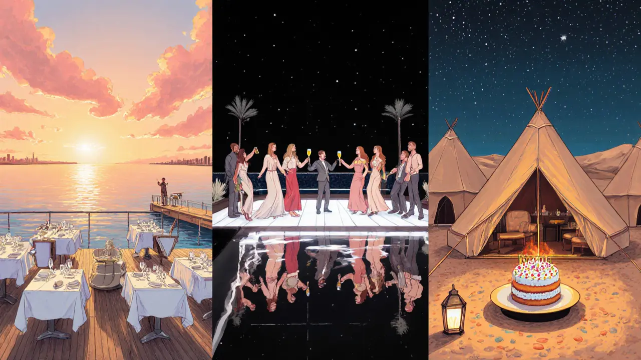 Collage of dinner at Pierchic, rooftop party, and desert supper.