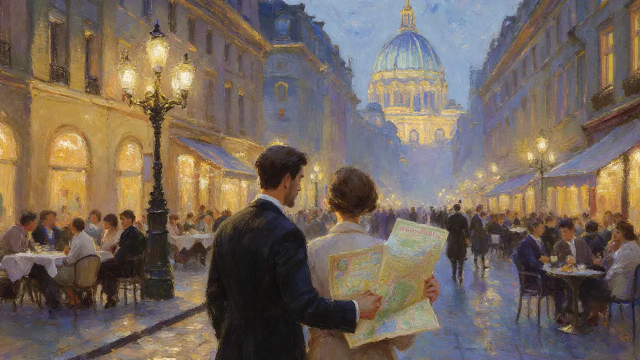 Companion guiding client through historic Berlin street, sharing cultural insights.