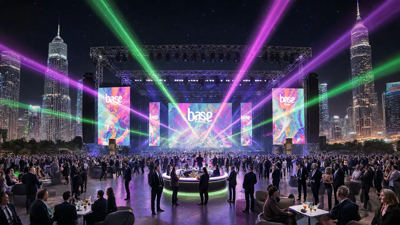 Corporate event at BASE Dubai with massive stage and neon lights.
