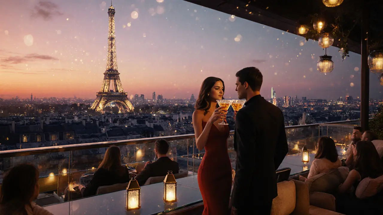 Couple enjoying cocktails on a rooftop with the Eiffel Tower lights sparkling behind them.
