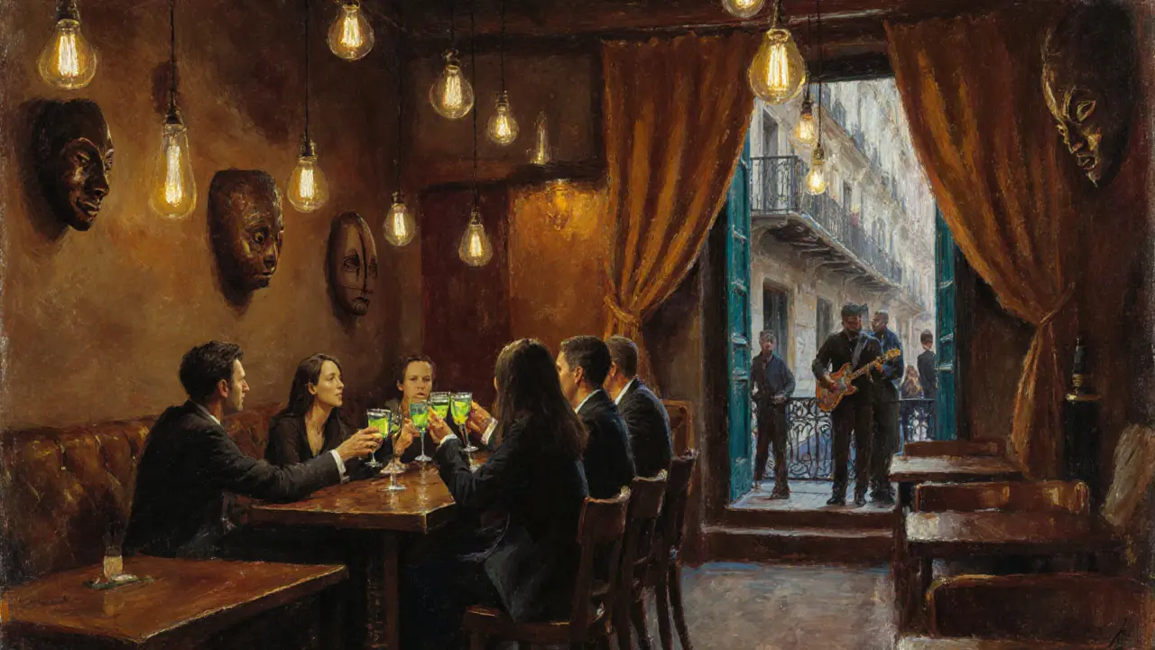 Cozy interior of Le Comptoir Général with vintage décor, Afro‑beat band, and patrons enjoying absinthe.