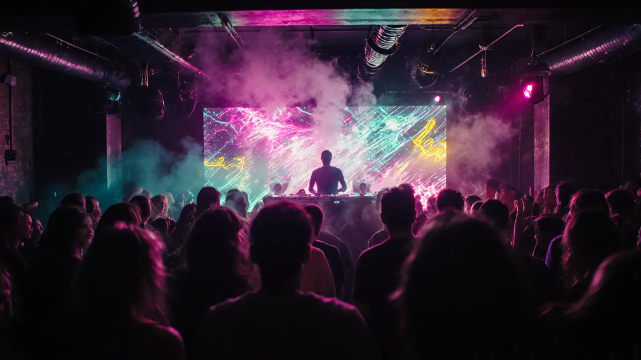 Crowd dancing under neon lights at Fabric club with DJ in the back.