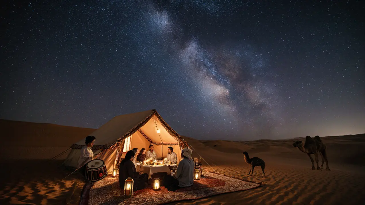 Desert safari night camp under starry sky with tents, drums, and camels.