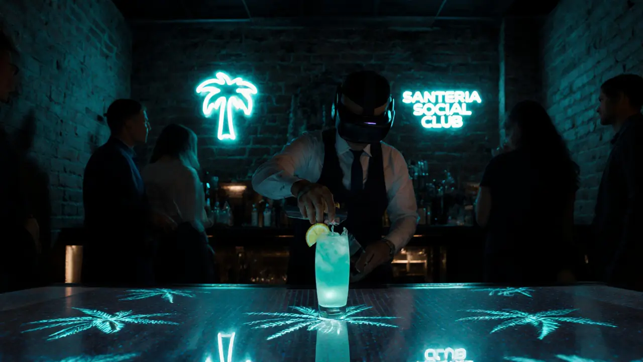 Dimly lit speakeasy with neon accents, a bartender, and a holographic dance floor.