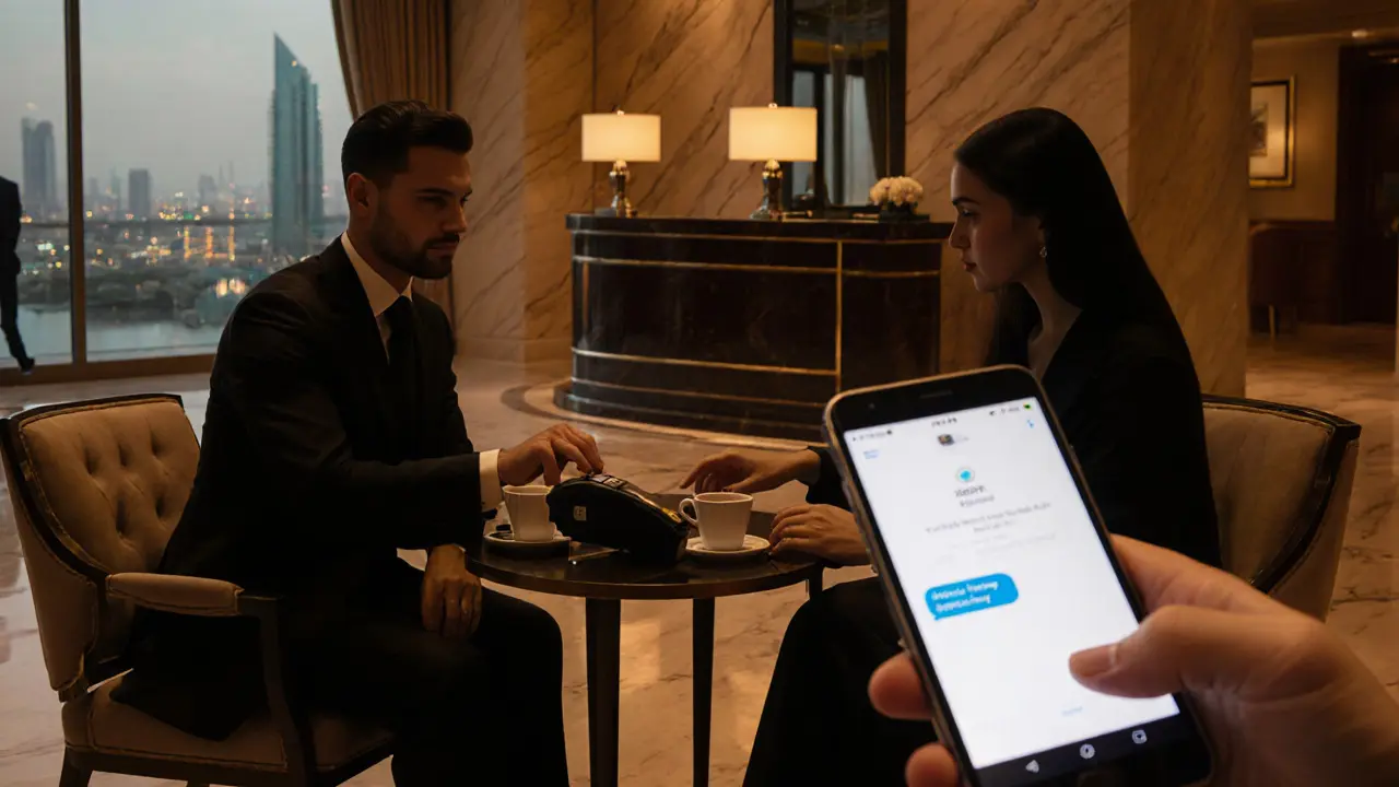 Discreet meeting in a hotel lobby with credit card payment and friend checking in via phone.