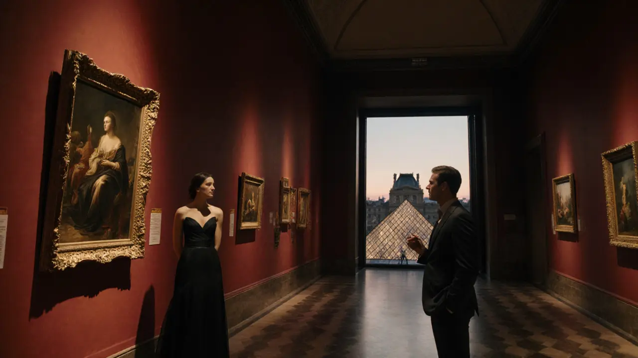Escort and client enjoying a private after‑hours Louvre tour in formal attire.