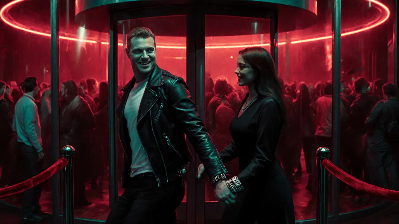 Escort and client entering neon-lit Berlin nightclub, showing exclusive VIP access.