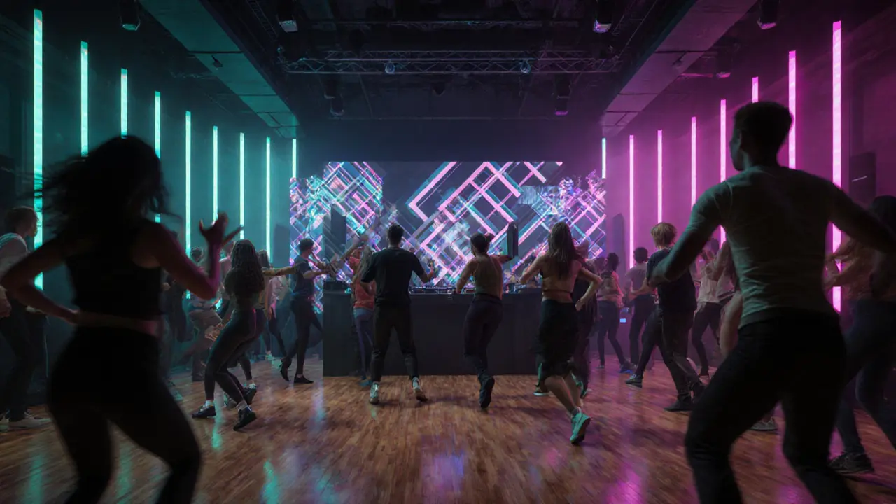 Fabric interior with colorful "Body Map" lighting and dancing crowd.
