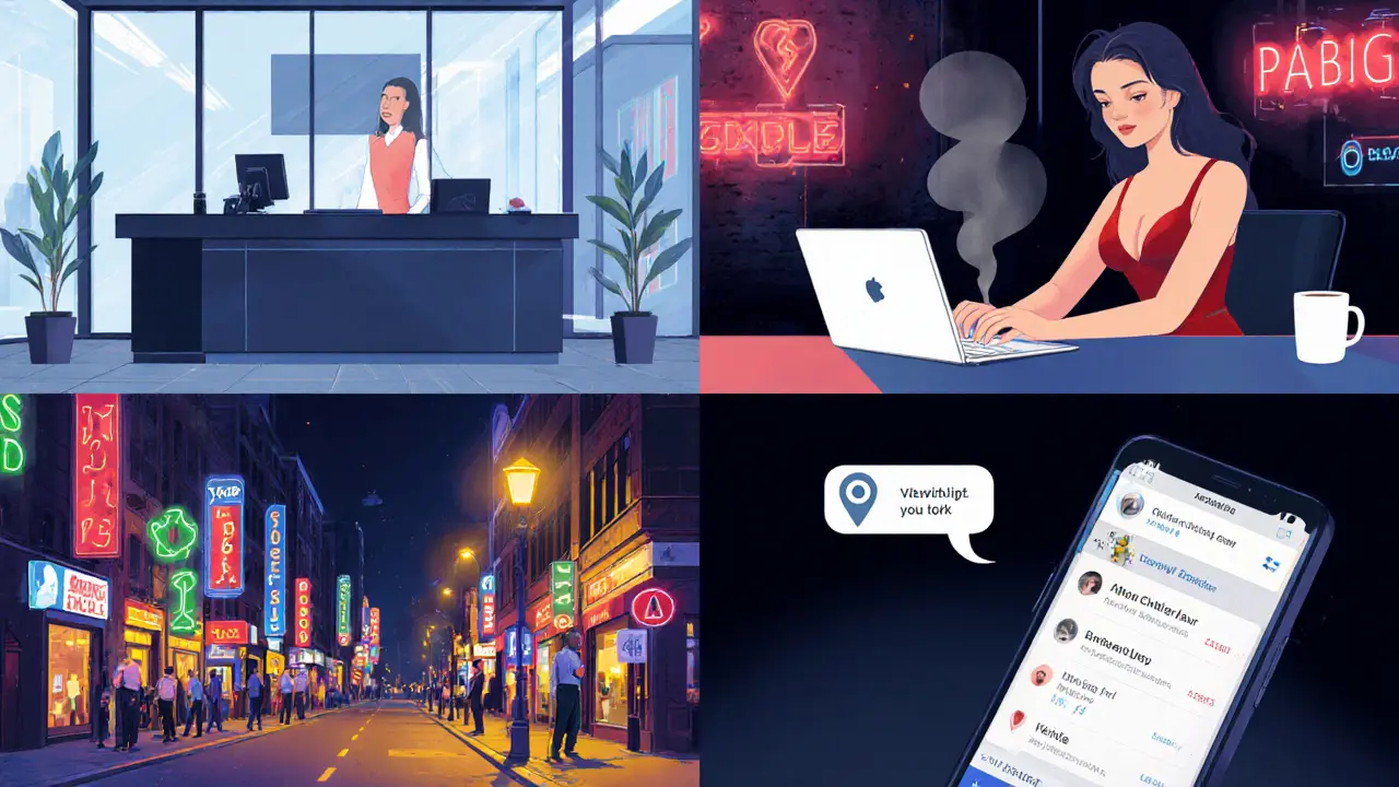 Four-part illustration of agency office, freelance escort online, street prostitution, and a booking app.