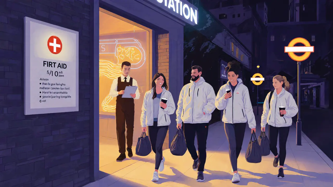 Friends leaving a night venue holding reusable cups, checking phone for transport.