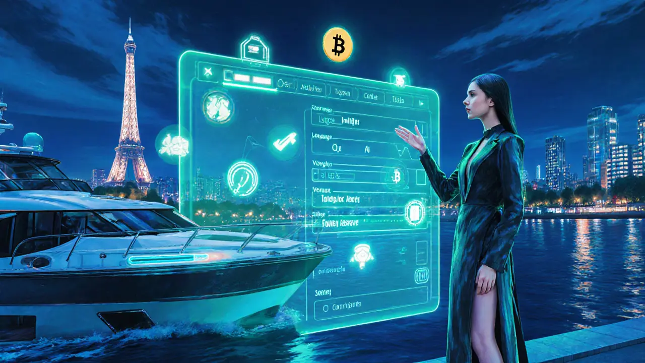 Futuristic AI matchmaking scene with eco‑friendly yacht on the Seine and crypto symbols.