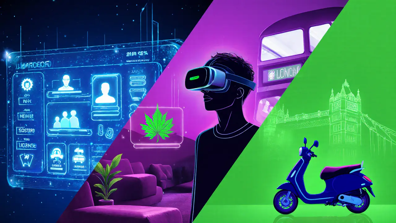 Futuristic scene showing AI matching hologram, a person in VR headset, and eco‑friendly transport symbols.