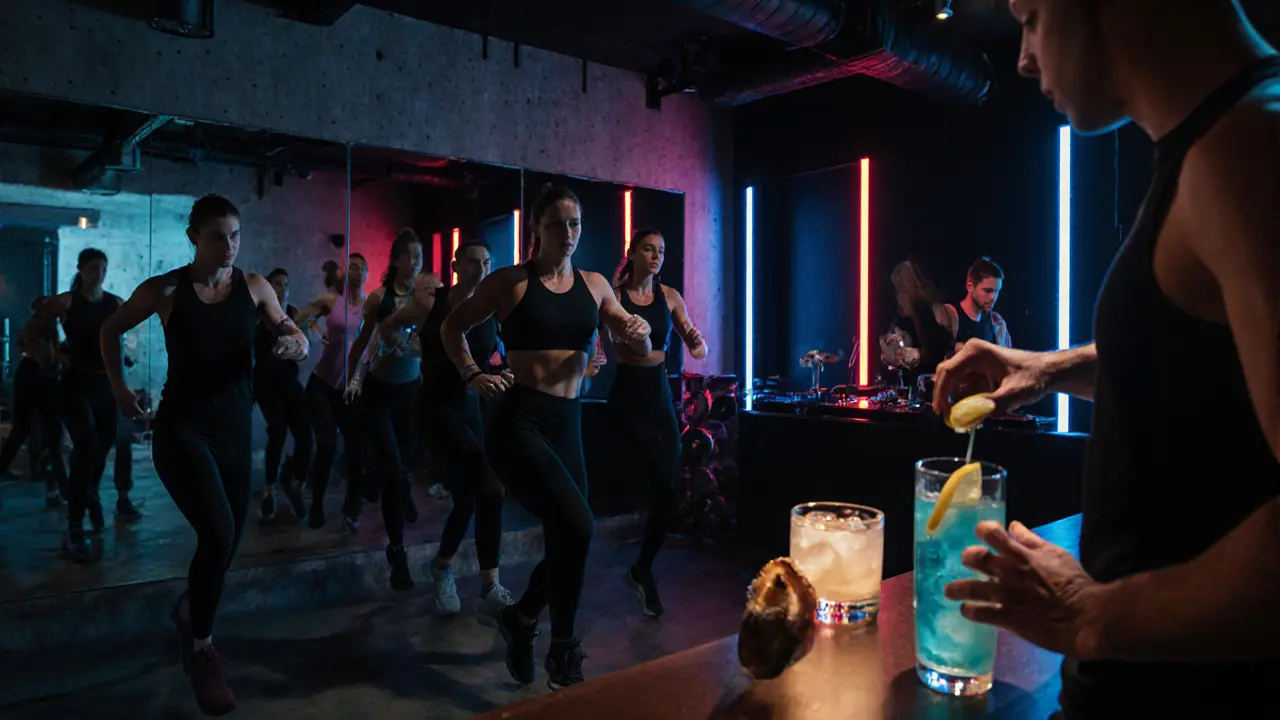 HIIT class in industrial gym with mirrored wall and bartender serving keto cocktail.