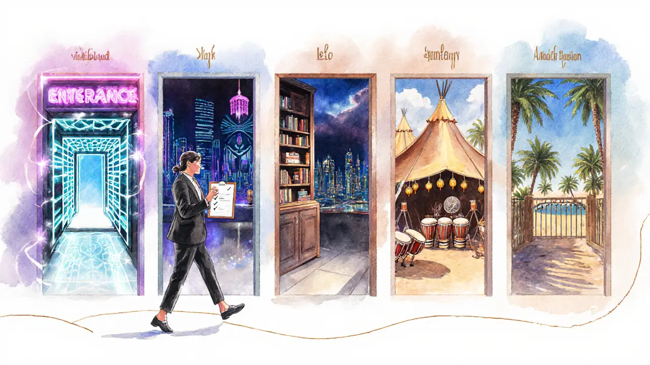 Illustrated traveler with checklist walking past neon rave, rooftop, speakeasy, Arabian and beach venues.