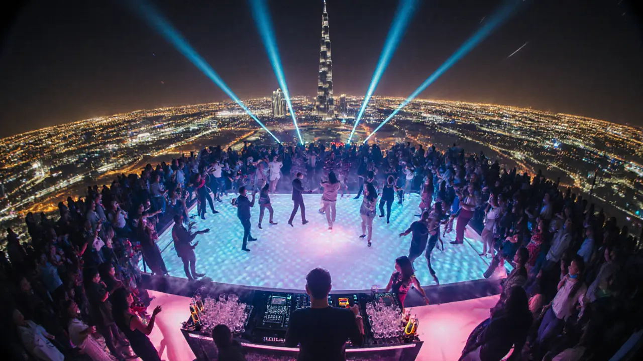 Inside White Dubai rooftop club with LED dance floor and city view.