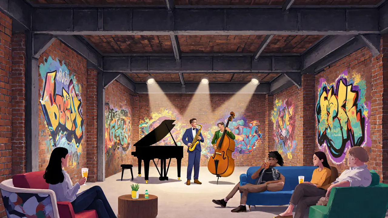 Live jazz performance inside La Bellevilloise warehouse with audience and art decor.