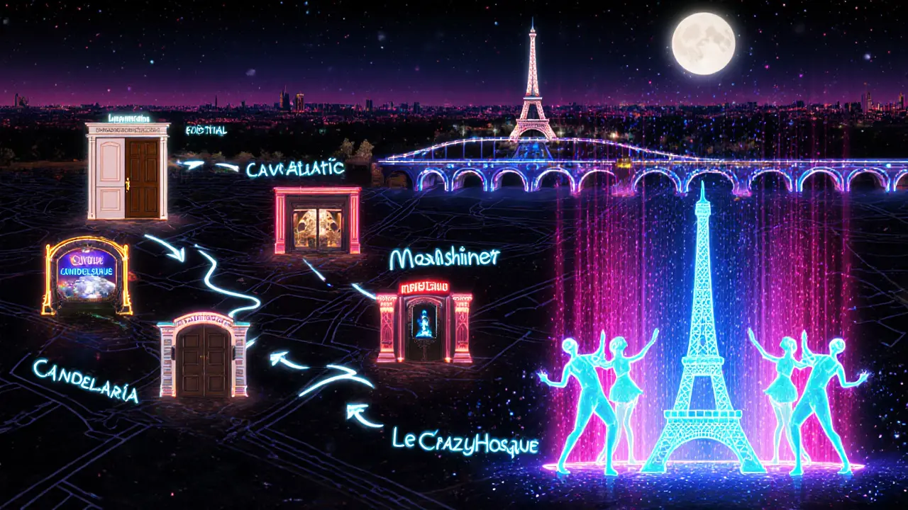 Neon‑styled map of Paris nightlife ending at futuristic Le CrazyHorse club.