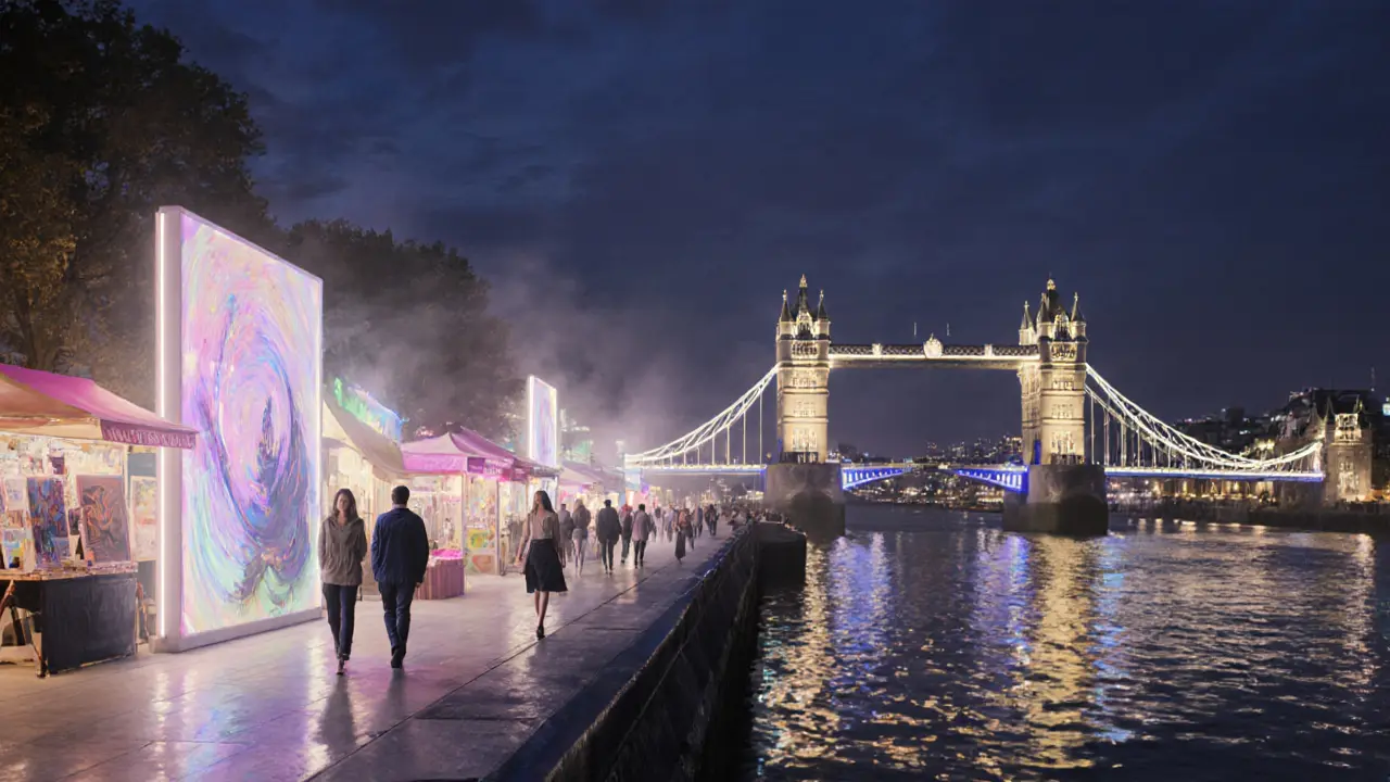 Night stroll on South Bank with illuminated art and reflected Thames lights.