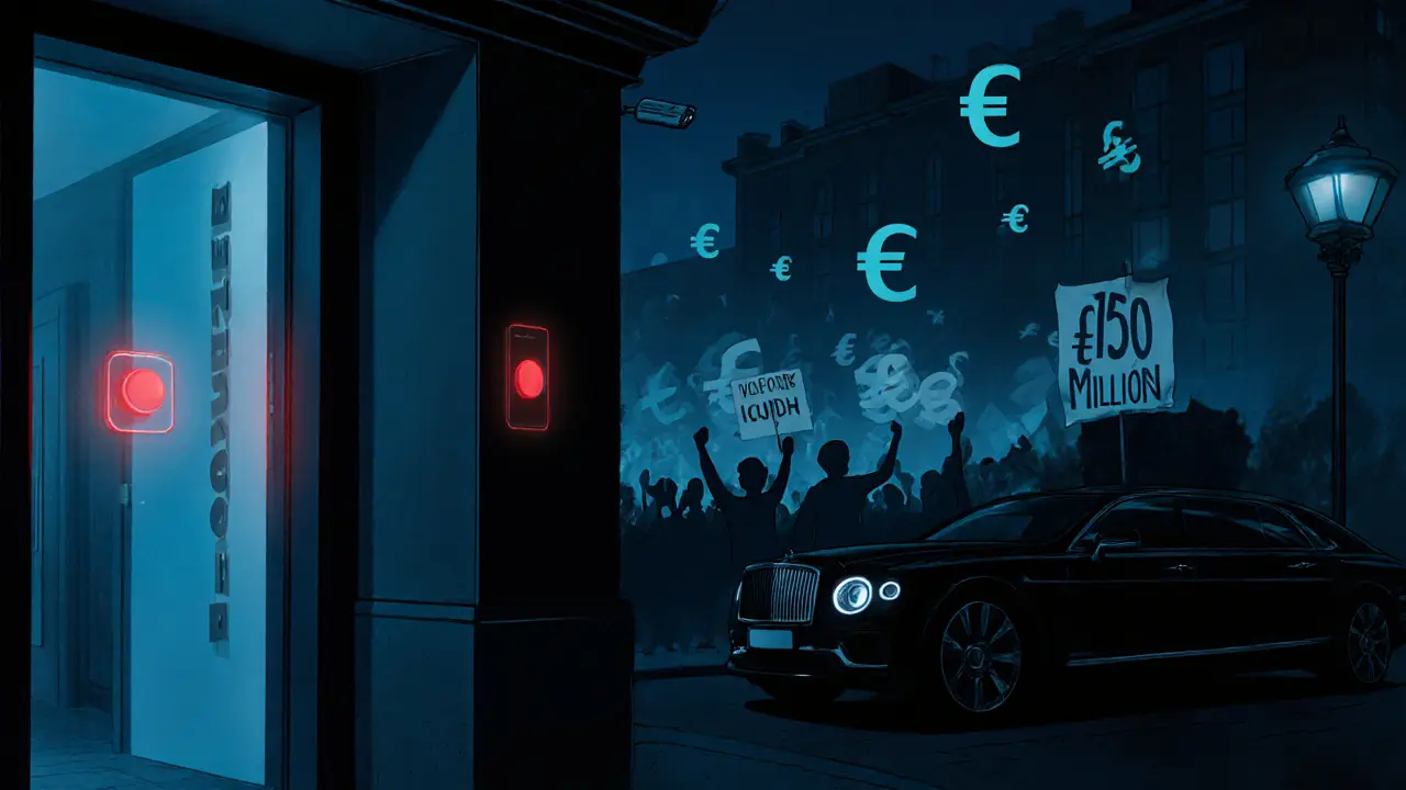 Nighttime Berlin street showing upscale hotel, discreet meeting entrance with safety button, and faint protest silhouette.