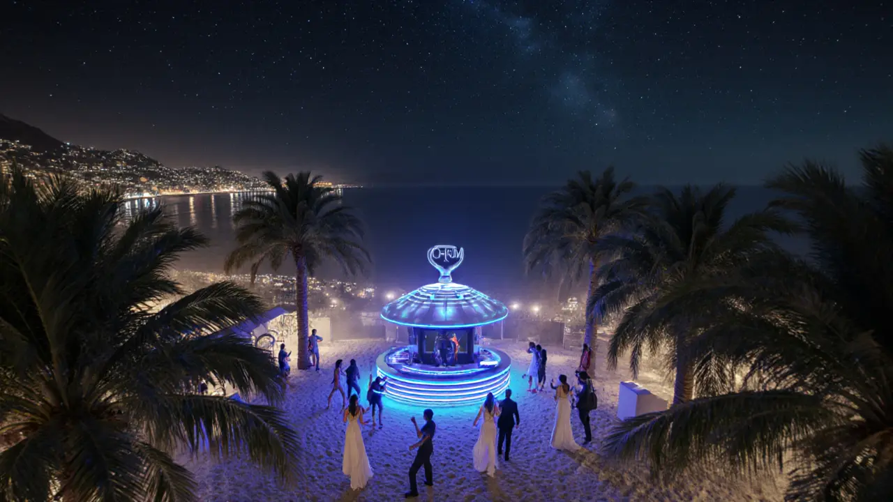Open-air nightclub Opium under stars, guests dancing on sand with palm trees and glowing DJ booth.