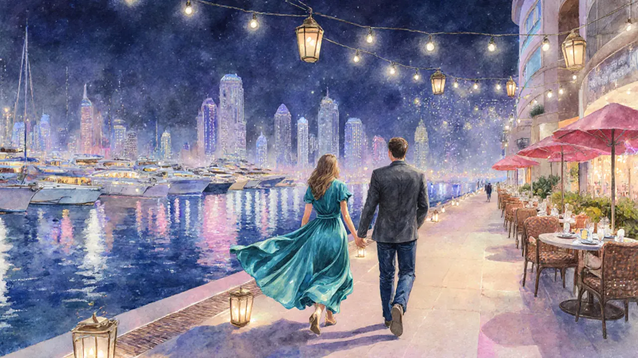 Romantic couple strolling along Dubai Marina promenade beside illuminated yachts at night.