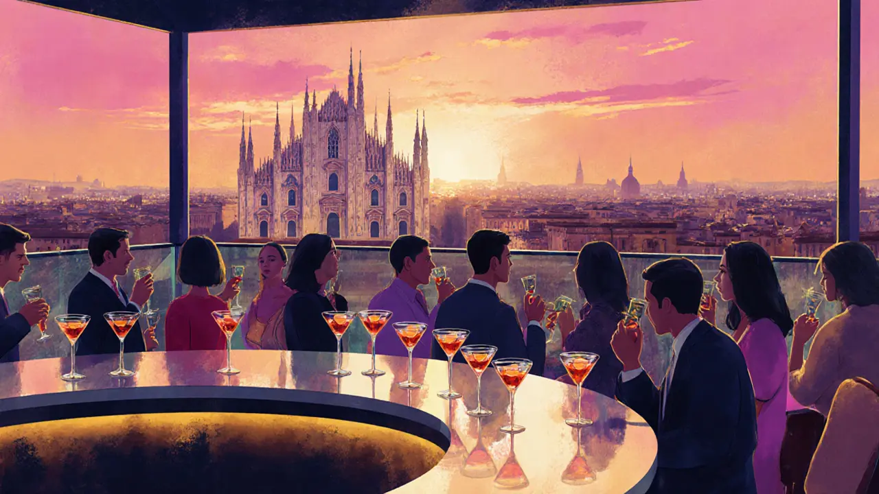 Rooftop bar with the Duomo in the sunset background and guests sipping cocktails.