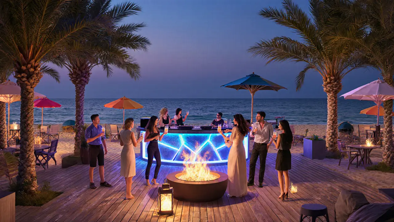 Saadiyat Beach Club at night with DJ, lanterns, and guests by the sea.