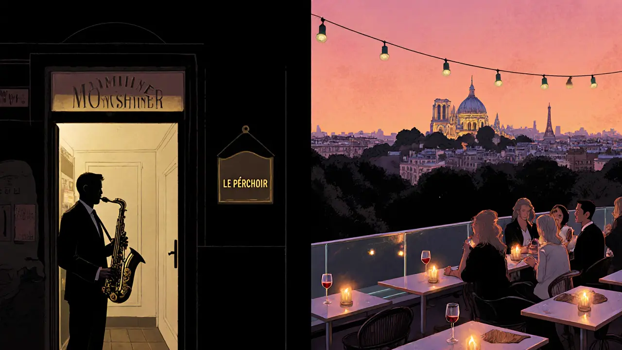 Split scene of Moonshiner speakeasy with saxophonist and Le Perchoir rooftop overlooking Sacré‑Cœur.