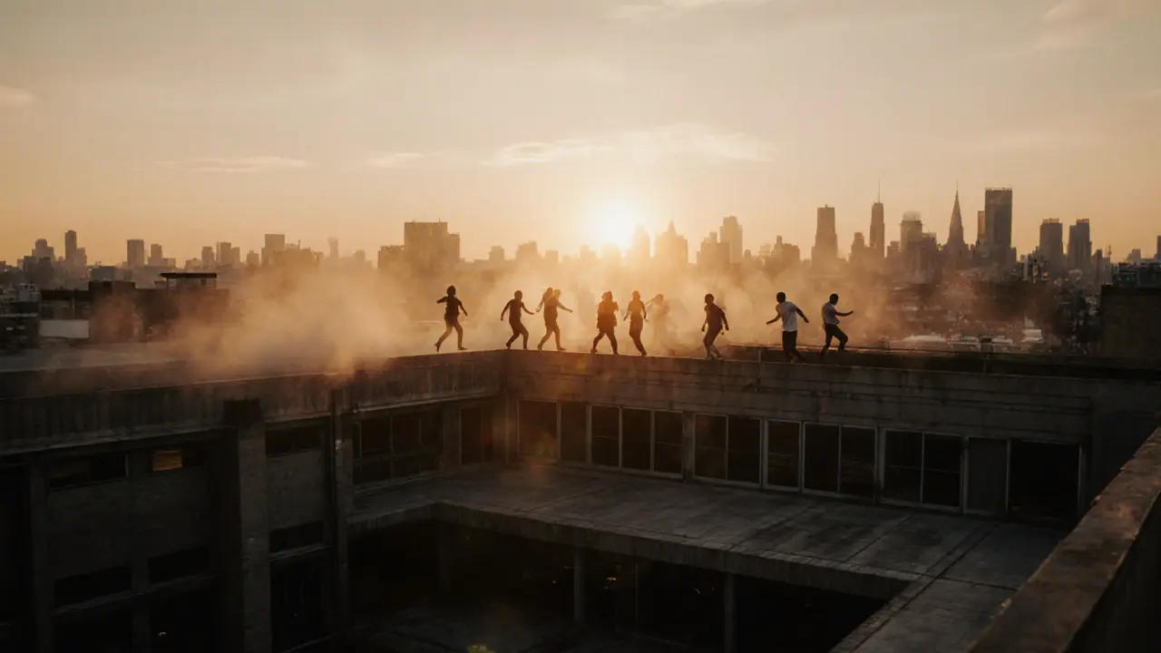 Sunrise on Egg London rooftop with silhouettes dancing in golden light.