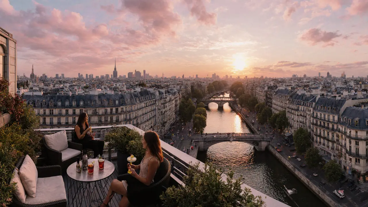 Sunset view from Le Perchoir rooftop bar overlooking Paris with patrons enjoying cocktails.