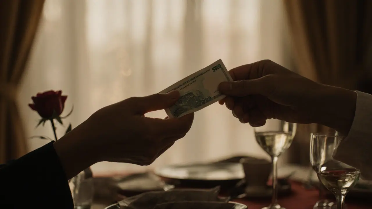 Two hands exchanging a 500-dirham note in a softly lit private apartment, dinner remnants in the background.