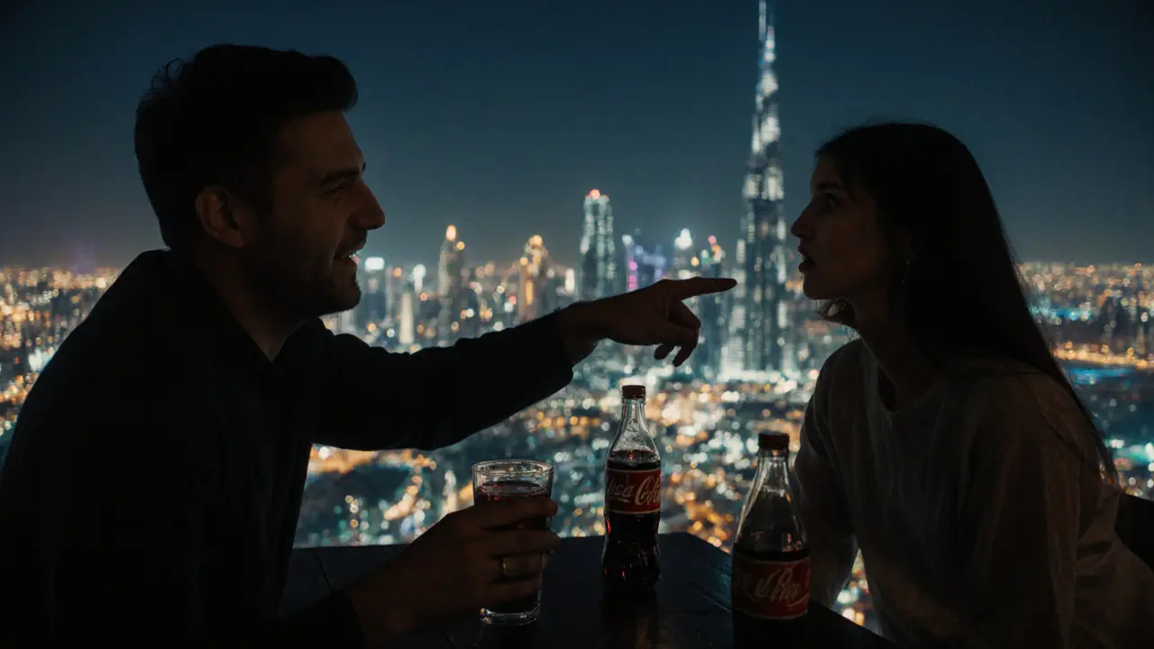 Two people enjoying a quiet drink on a Dubai rooftop bar with the city skyline glowing at night.