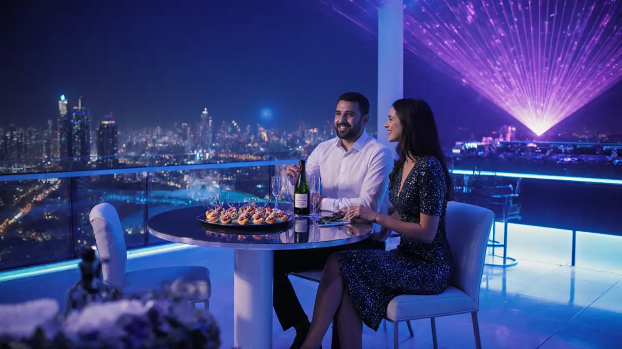 Upscale couple enjoying champagne at a VIP table in a neon‑lit rooftop nightclub.