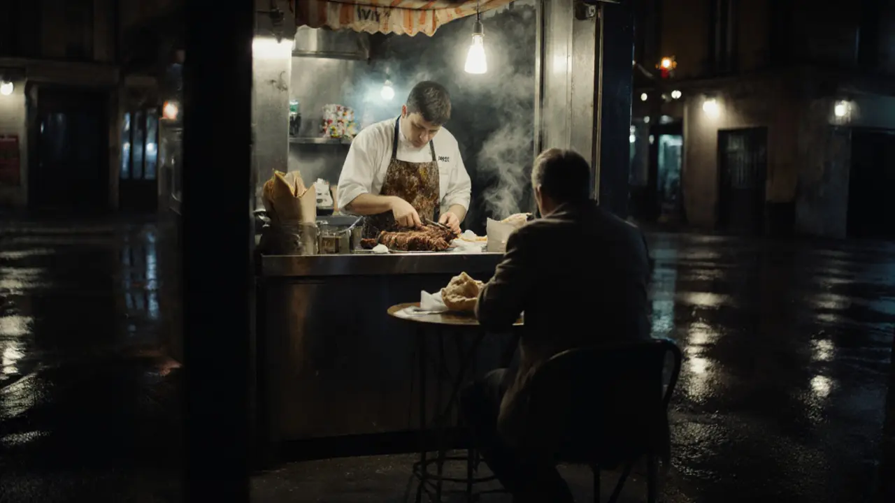 A 24-hour kebab stall at dawn, steam rising from freshly wrapped meat as a lone customer eats quietly.