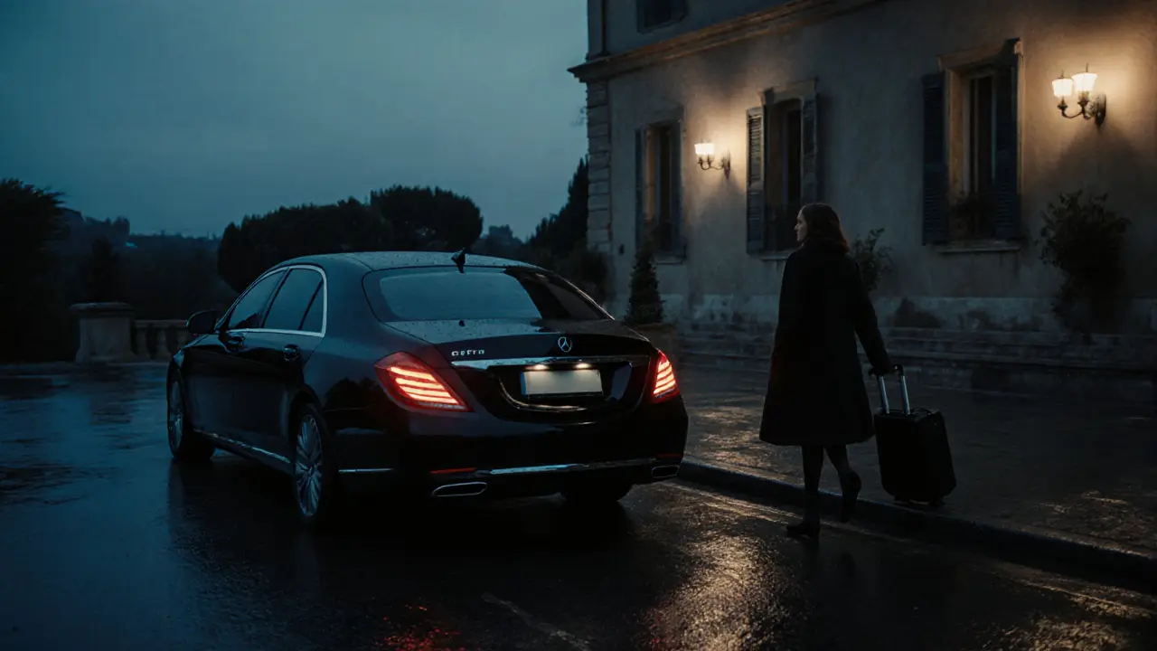 A black luxury car waiting outside a secluded villa at dusk, no faces visible.