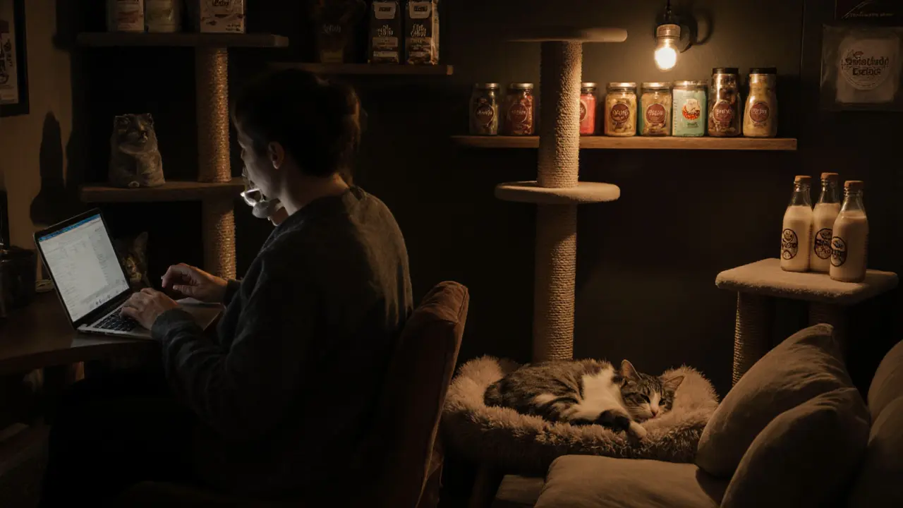 A cat napping on a heated bed beside its owner in a cozy late-night cafe with cat treats and soft lighting.