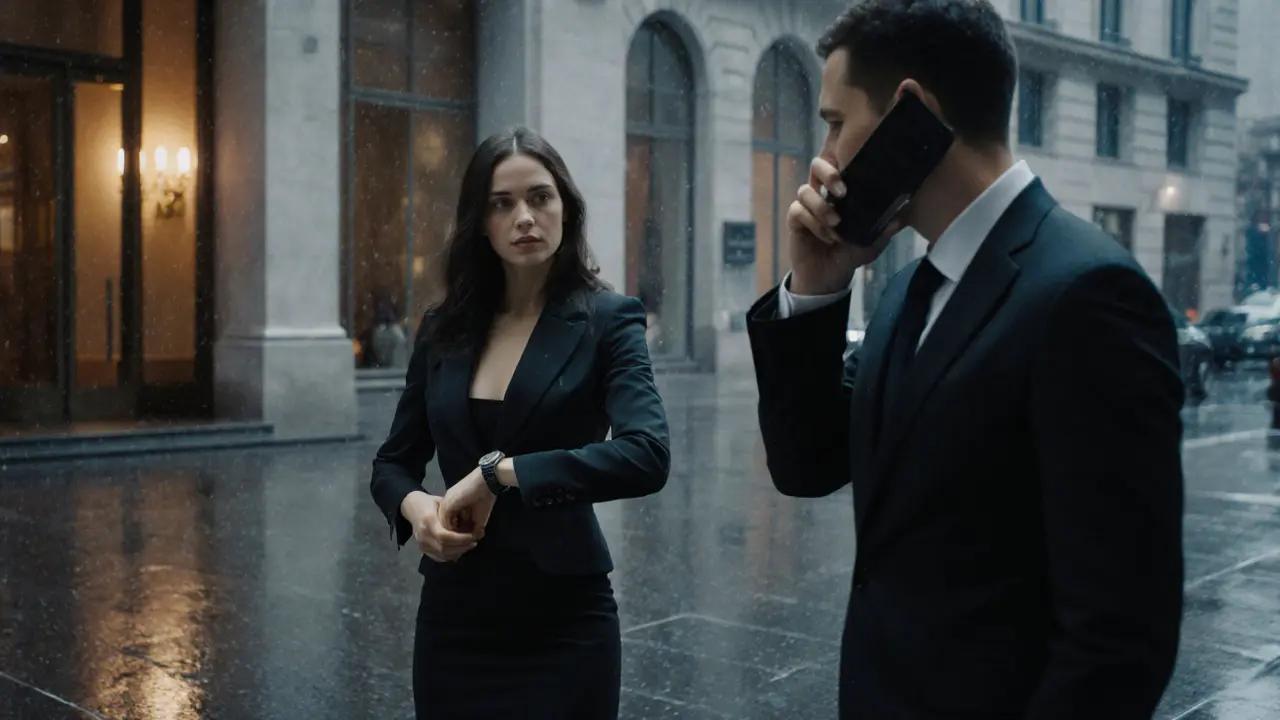 A client arriving late to a hotel meeting, while an escort waits calmly by the lobby entrance.