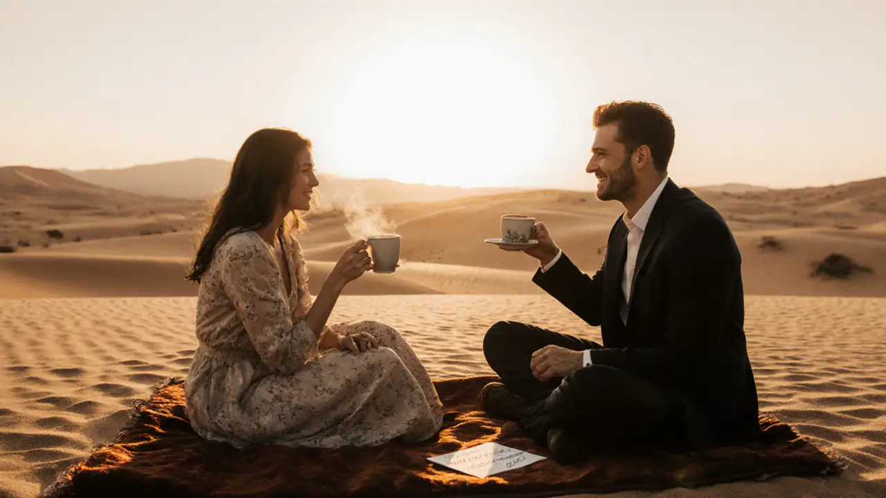 A couple enjoying mint tea during a private desert picnic as the sun sets over golden dunes.