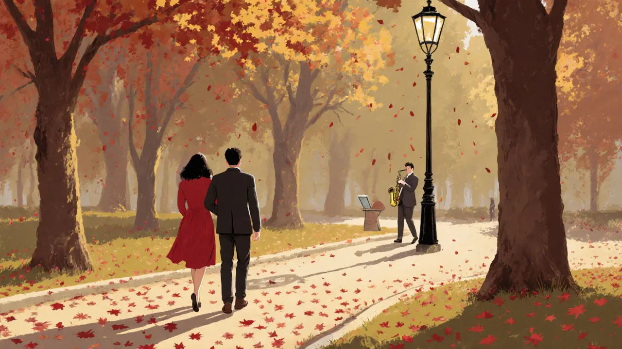A couple walks through autumn leaves in St. James’s Park, street musician playing saxophone in the distance, peaceful atmosphere.