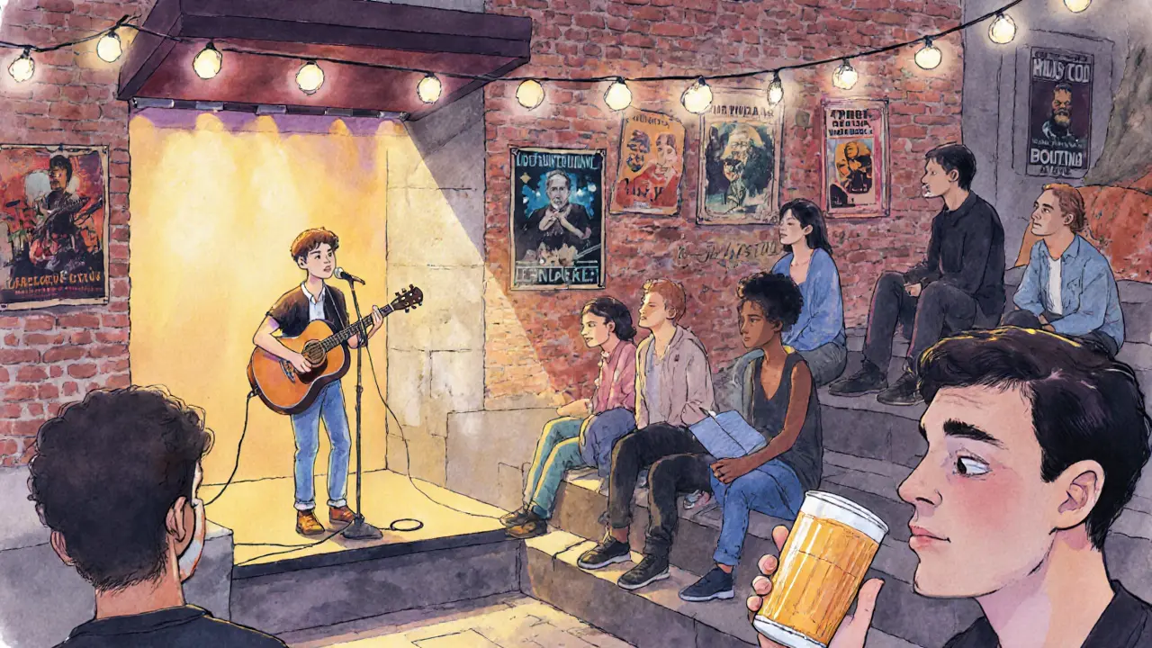 A crowd listening intently to a singer performing at a free open mic night in a dimly lit venue.