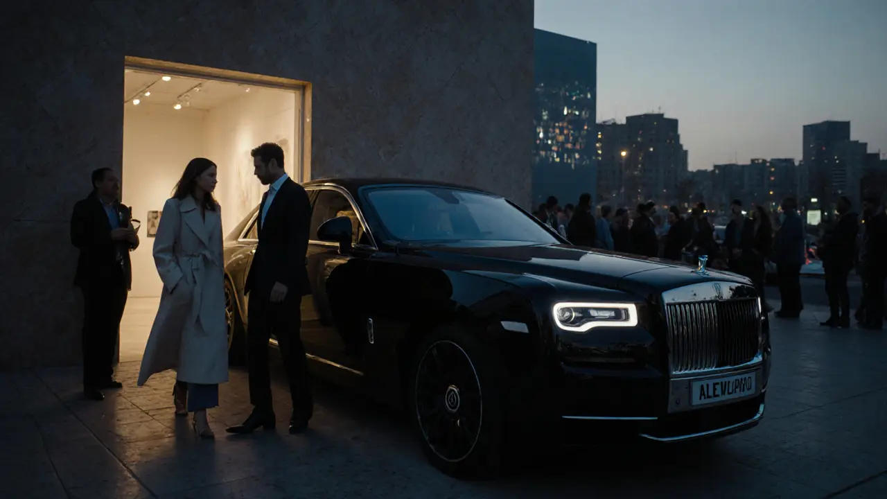 A discreet arrival at an art gallery in Alserkal Avenue, with a well-dressed couple blending into the evening crowd.