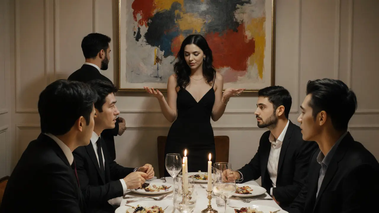 A diverse group of clients shares a private dinner with an international escort at an exclusive London club, surrounded by art and subtle luxury.